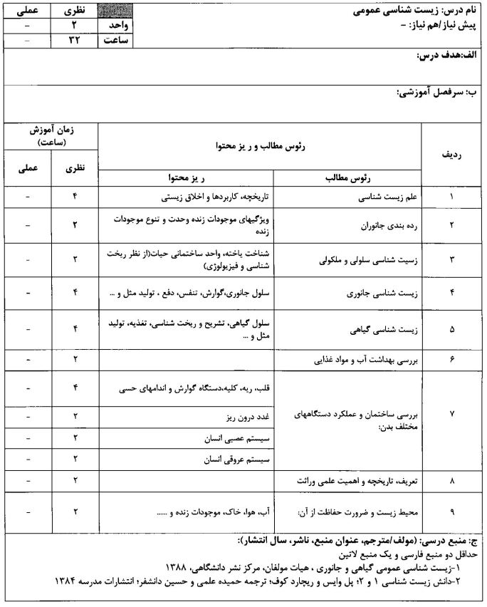 سرفصل زیست شناسی عمومی
