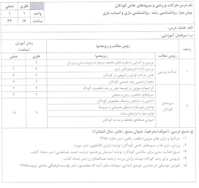 سرفصل حرکات ورزشی و سرودهای خاص کودکان